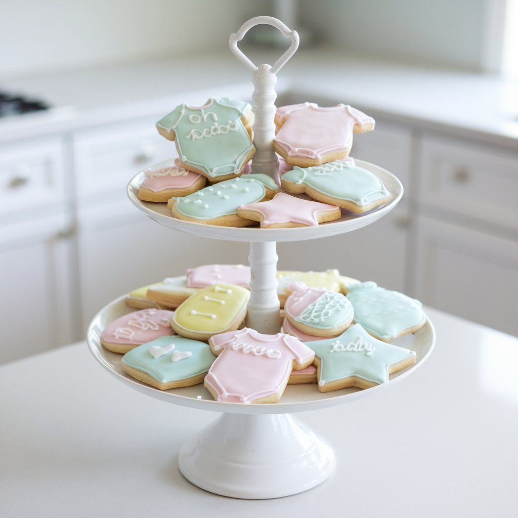 A white tiered dessert stand is adorned with pastel-colored sugar cookies shaped like baby onesies, bottles, rattles, and stars, placed on a bright plain white kitchen countertop at a baby shower. Each cookie is carefully iced in soft pink, powder blue, yellow, and mint green royal icing, with delicate white piping for accents—tiny hearts, polka dots, and baby-themed words like “Oh Baby” or initials. The cookies have a glossy finish and crisp edges, and a few edible glitter details catch the light. Soft natural lighting enhances the whimsy and detail of these adorable, hand-decorated treats.