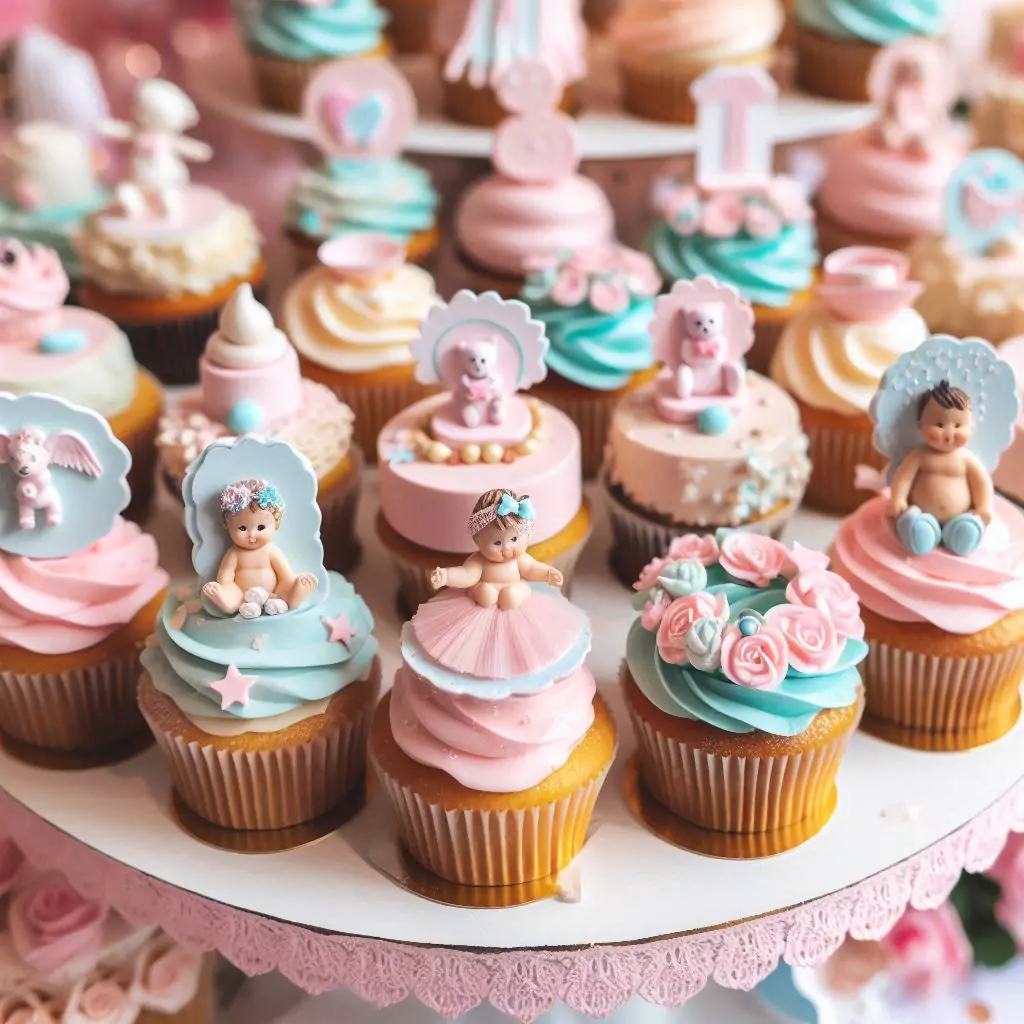 A display of beautifully decorated cupcakes in pastel colors with baby-themed toppers.