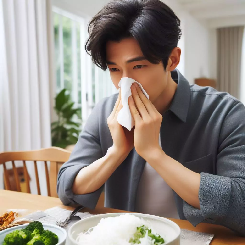 a Korean person blowing nose at the dining table