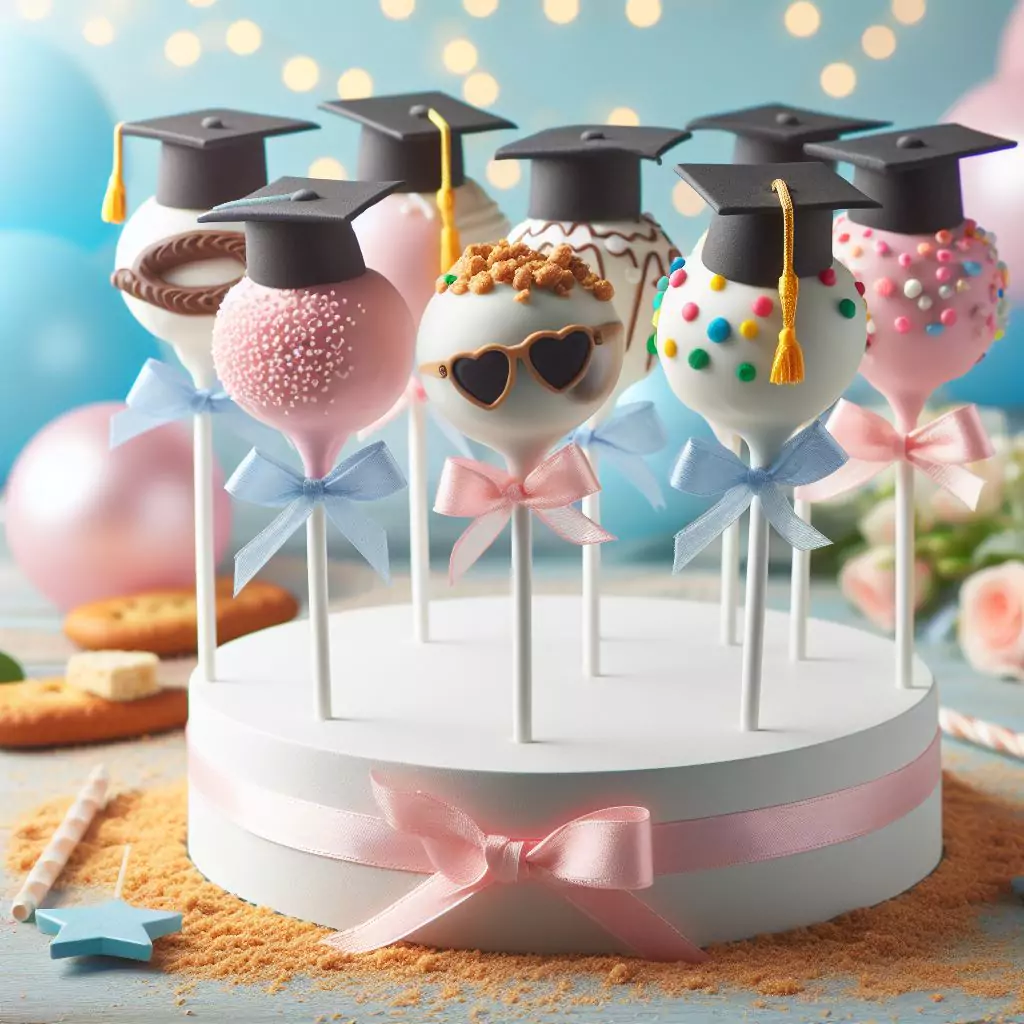 Image of decorated cake pops on sticks for a graduation theme party.