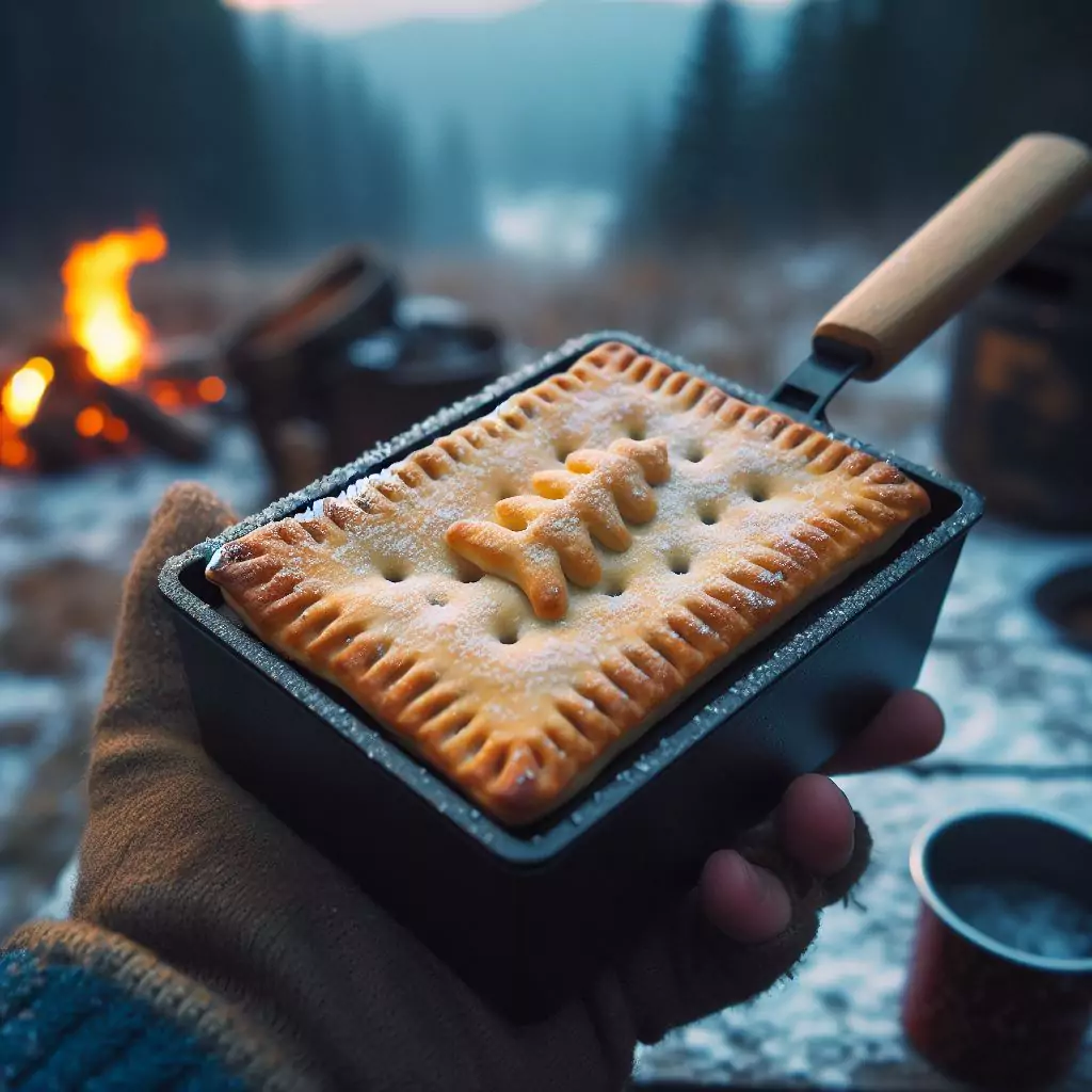 a close-up of a Homemade pop tarts in a pie iron, outdoors chilly evening .