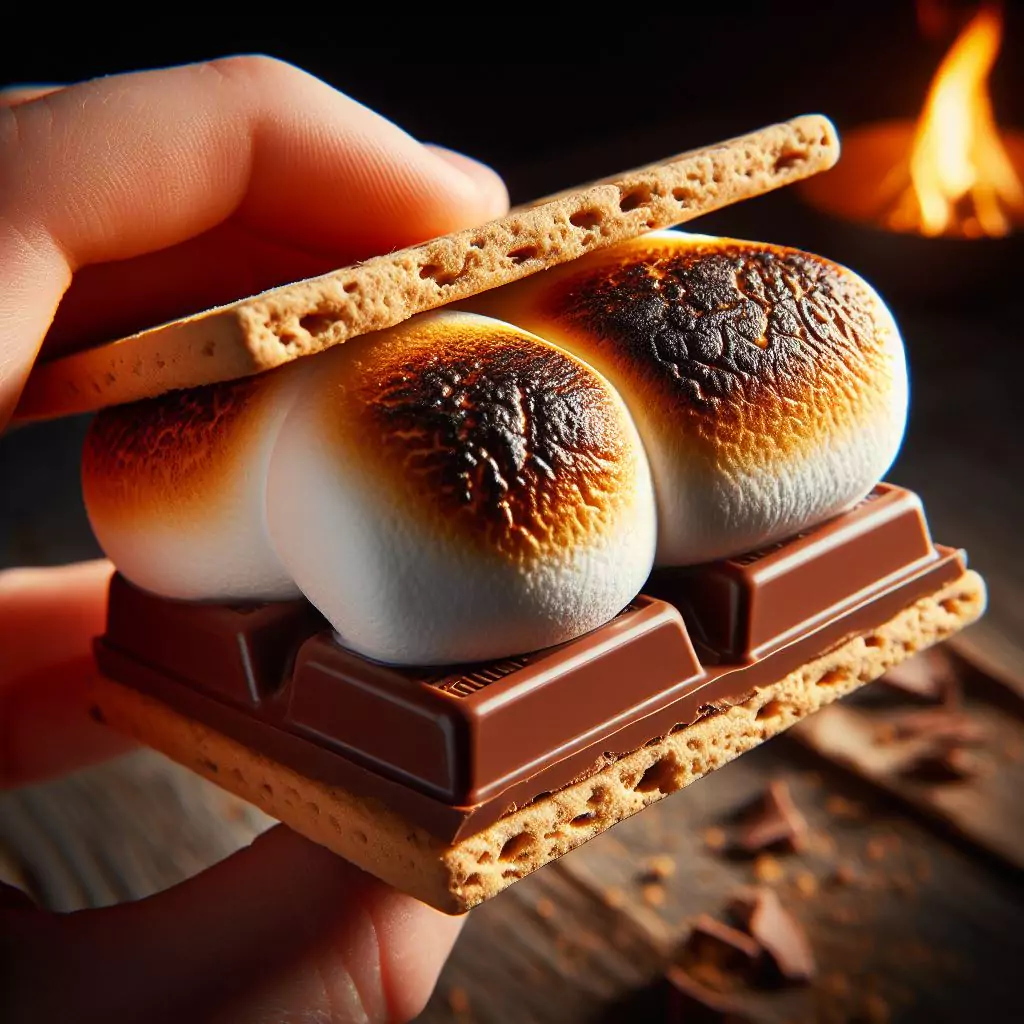 A close-up of a perfectly roasted marshmallow being sandwiched between graham crackers and chocolate.