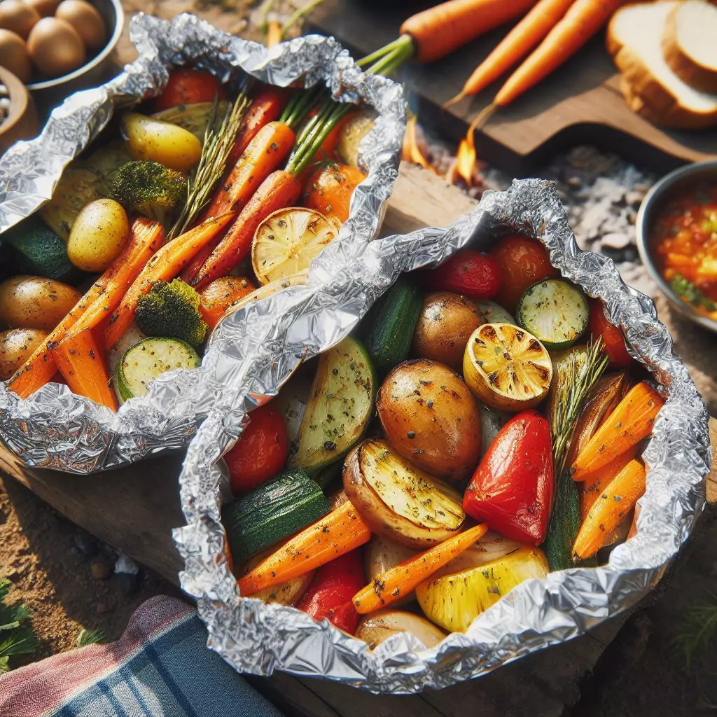 Foil packets filled with colorful roasted vegetables like carrots and potatoes, ready to be eaten outdoors.