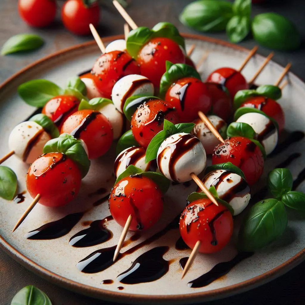 Skewers of cherry tomatoes, mozzarella balls, and basil leaves drizzled with balsamic glaze.