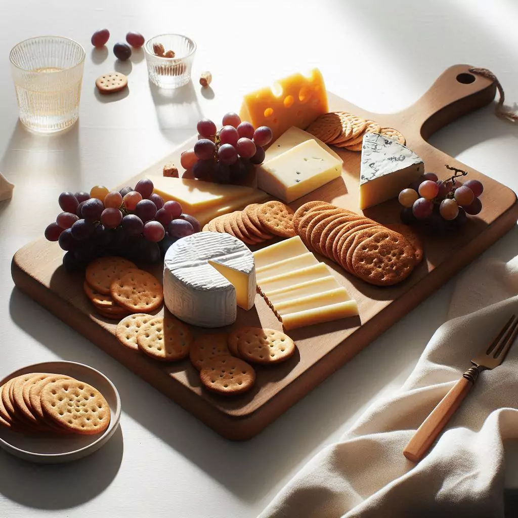 An elegant cheese board with a variety of thinly sliced cheeses, crackers and grapes. Placed on a white clean table, the table is clean no spilled food from the board