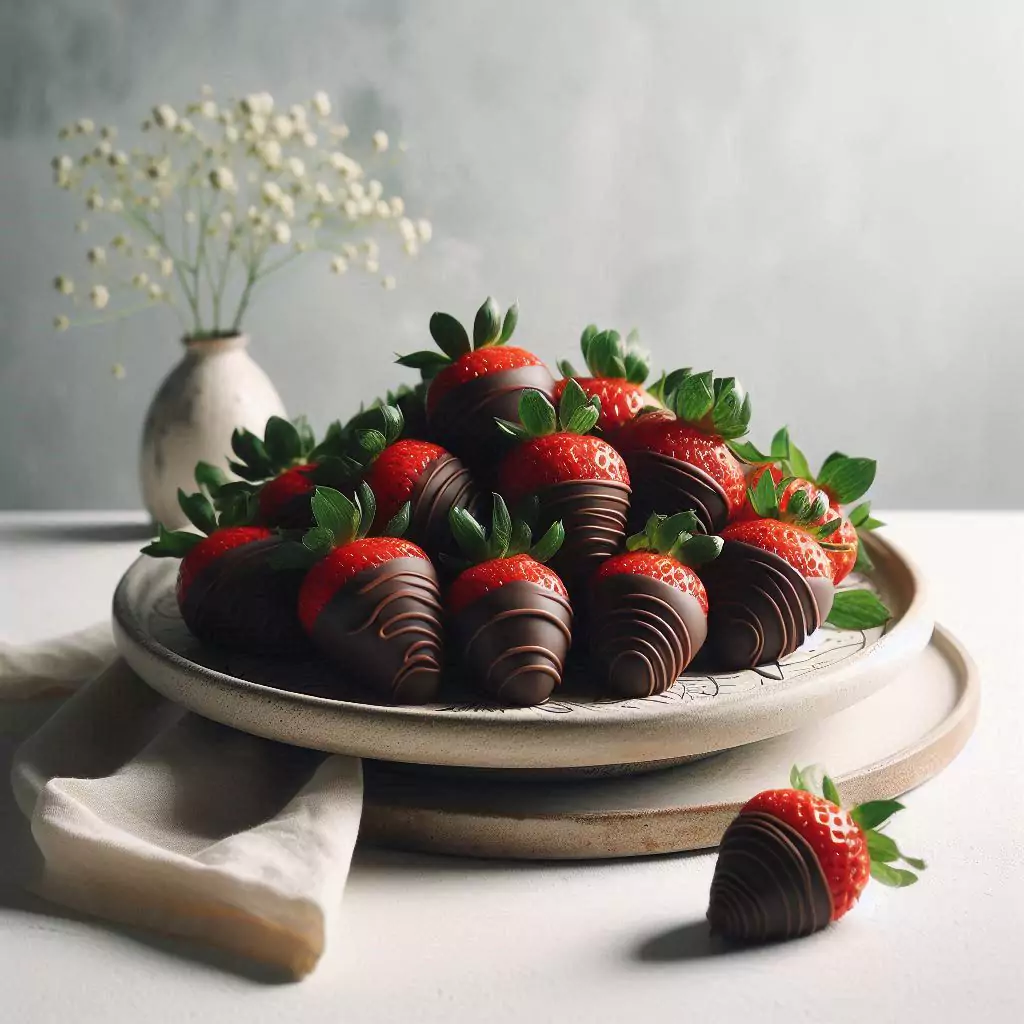 Strawberries dipped in chocolate and arranged on a decorative plate placed on minimalist plain white table.