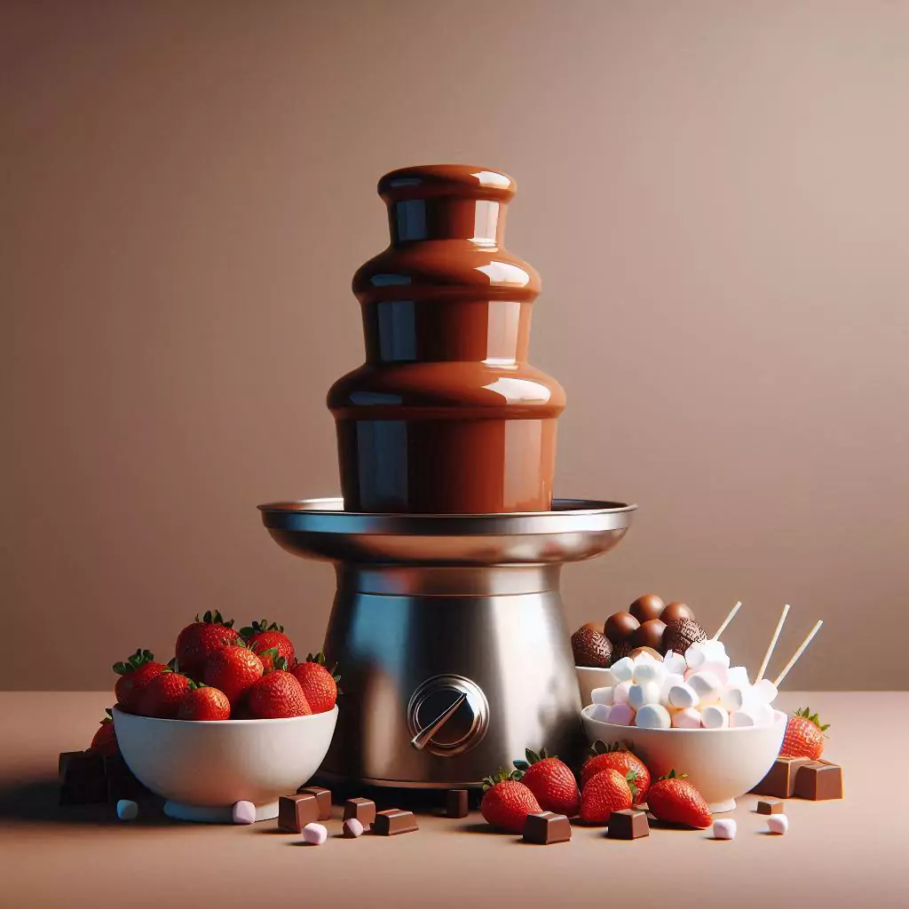 A chocolate fountain with an assortment of dippables like strawberries and marshmallows on a plain empty brown table.