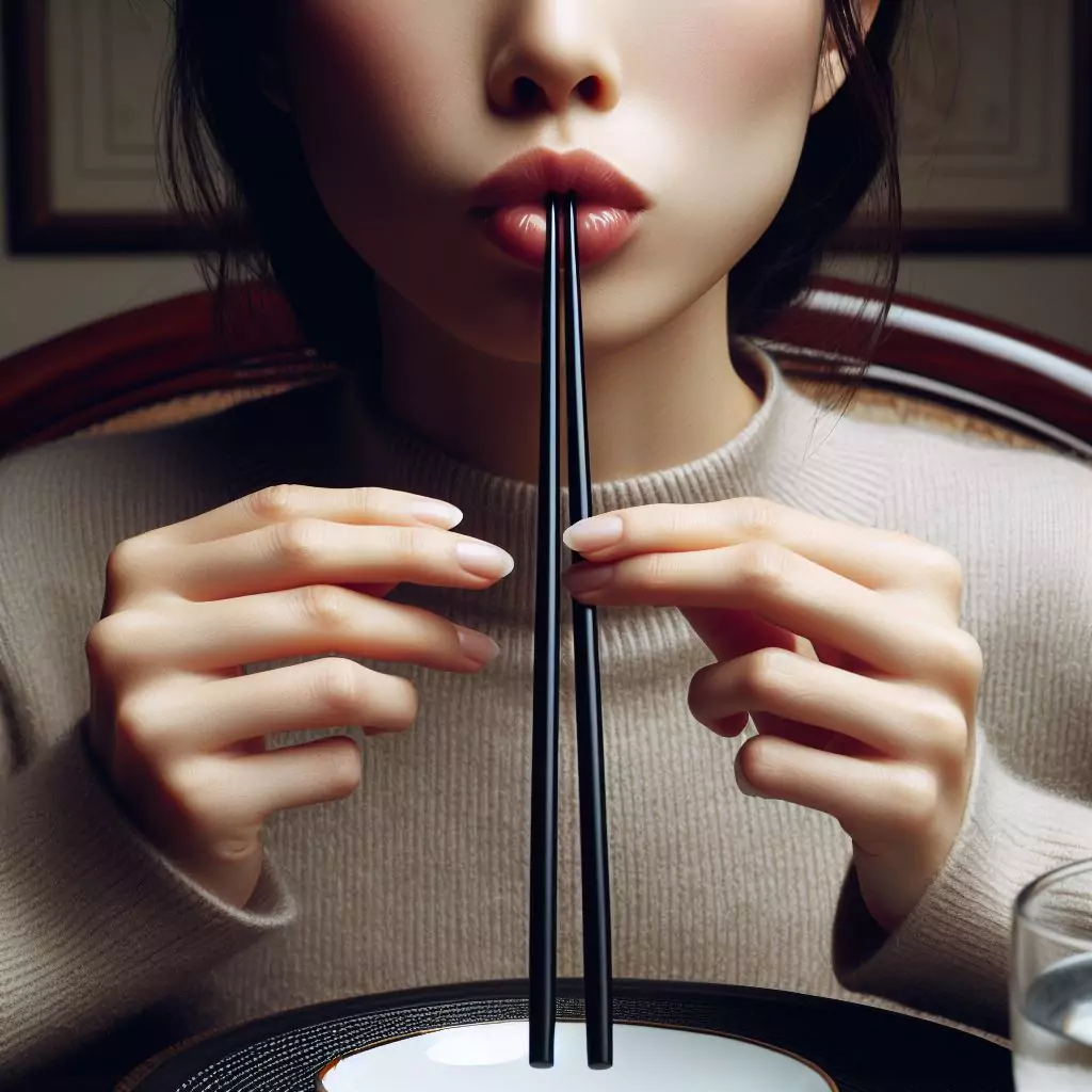 chopsticks placed vertically in someones lips without touching it, on a dining table, which is considered bad dining etiquette