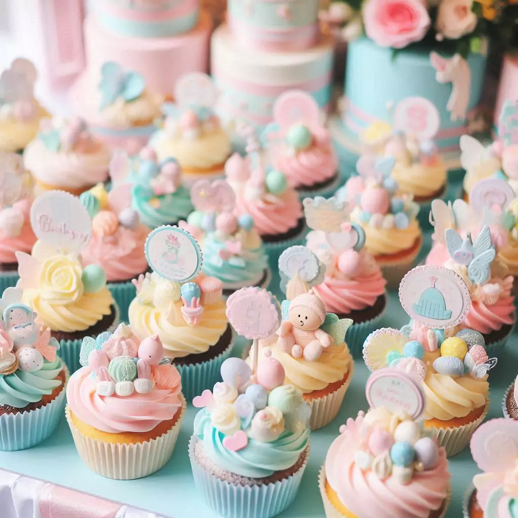 A display of beautifully decorated cupcakes in pastel colors with baby-themed toppers.