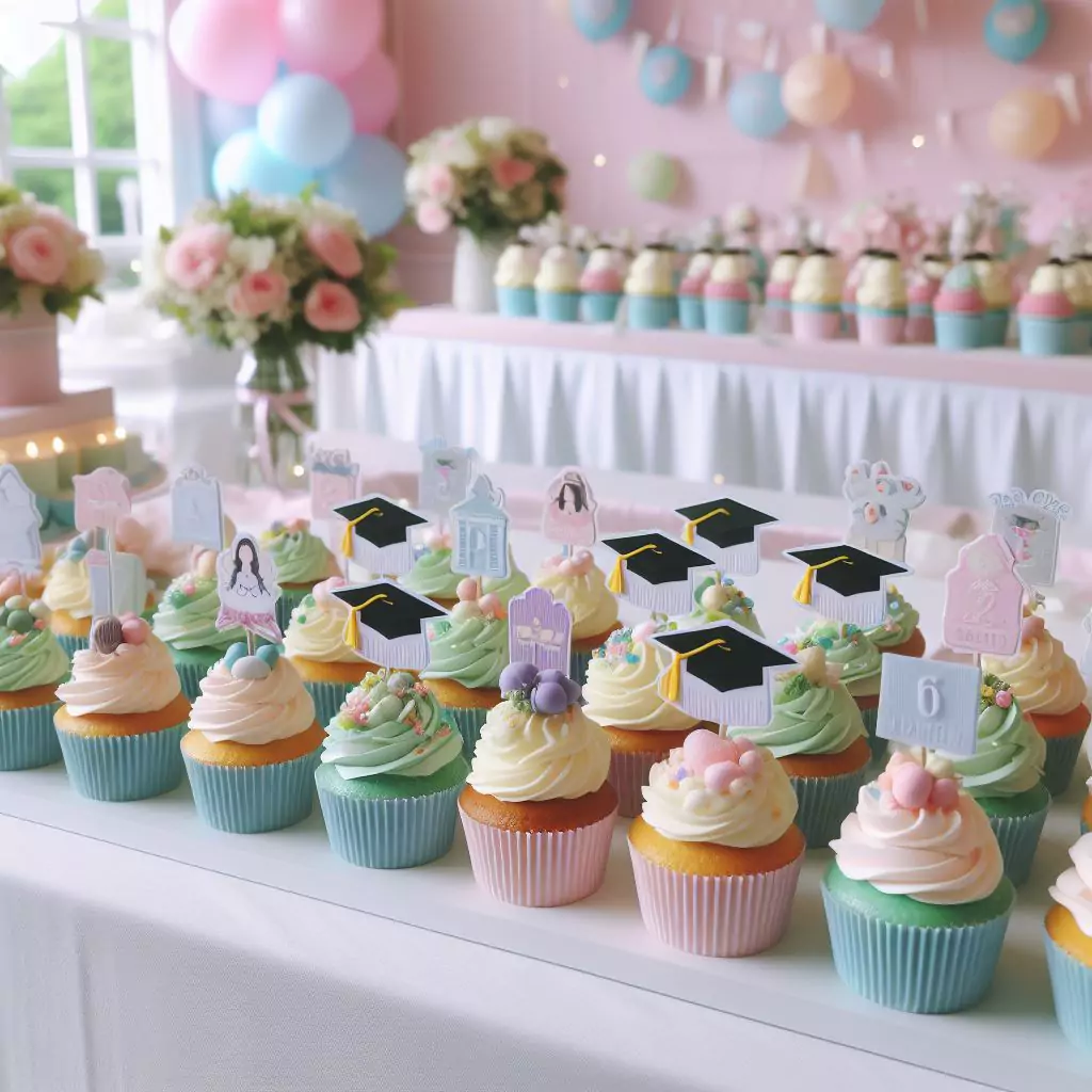 A display of beautifully decorated cupcakes in pastel colors with graduation-themed toppers on a plain white table with a white table cover on a party.