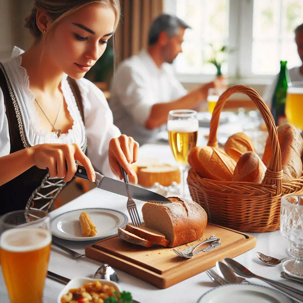 a German person cutting bread with a knife from the communal bread basket at the dining table, placing it on her plate