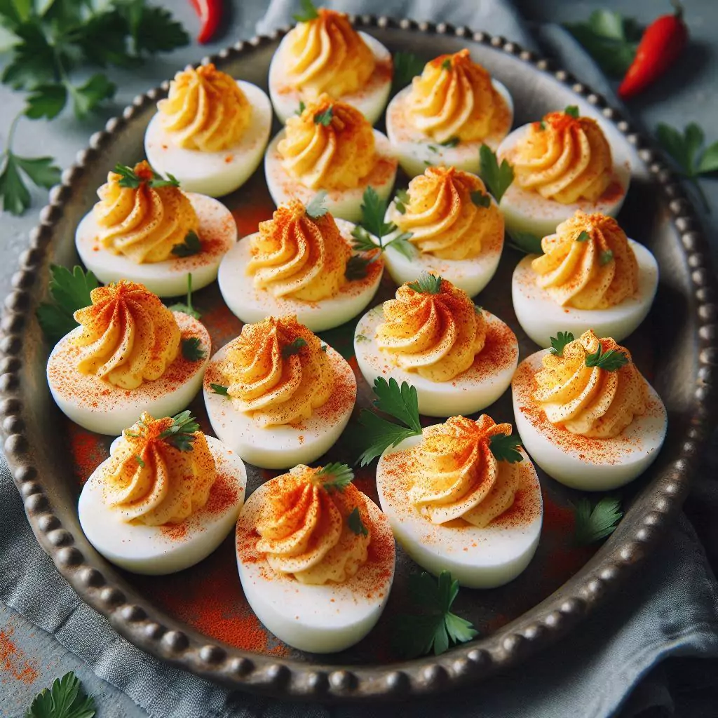 A tray of deviled eggs garnished with paprika and parsley.