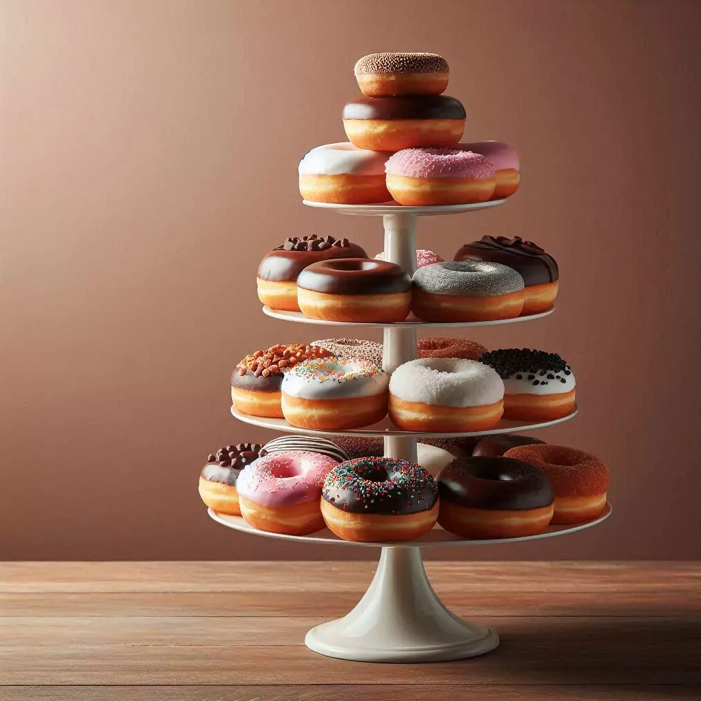 A tower of assorted donuts stacked on a tiered stand placed on a plain empty brown table