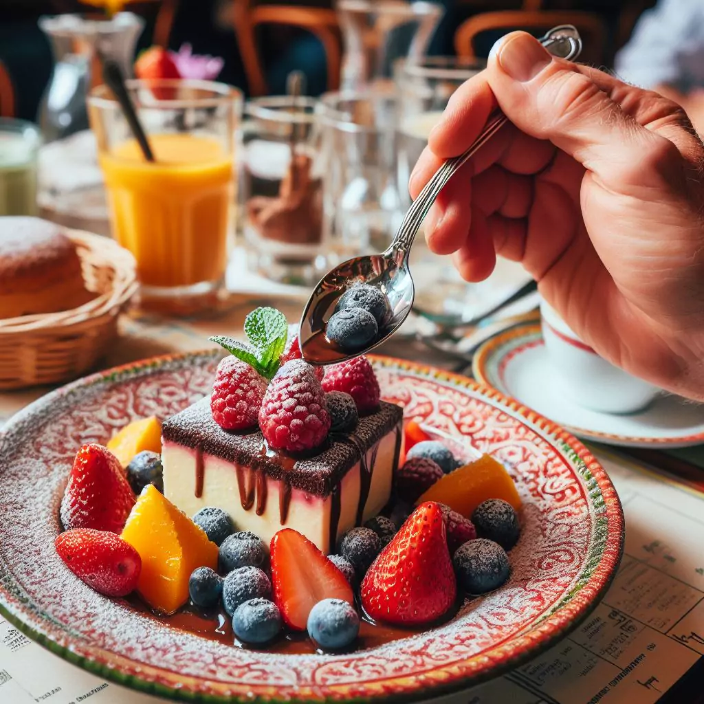 someone at the italian restaurant in italy eating dessert delicately