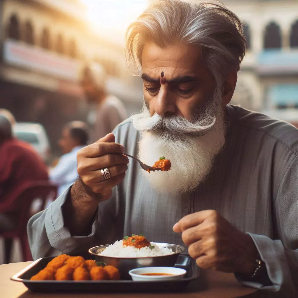 an indian person eating food with the right hand