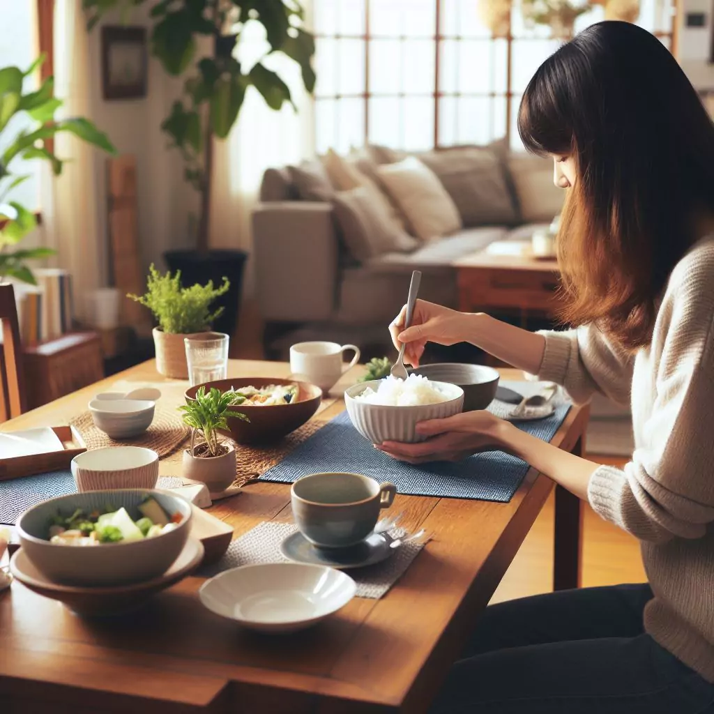 a person lifting a bowl of rice to eat seated on dining table