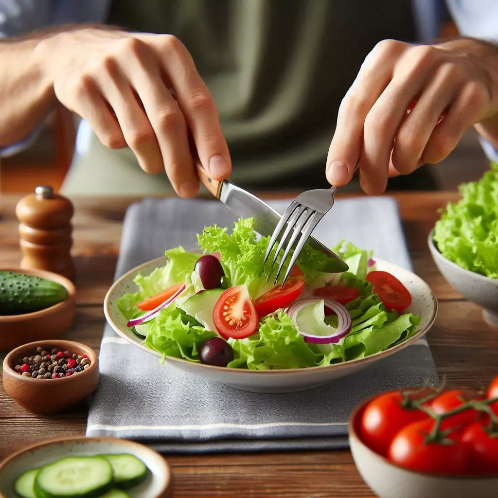 someone folding salad with fork at the dining table