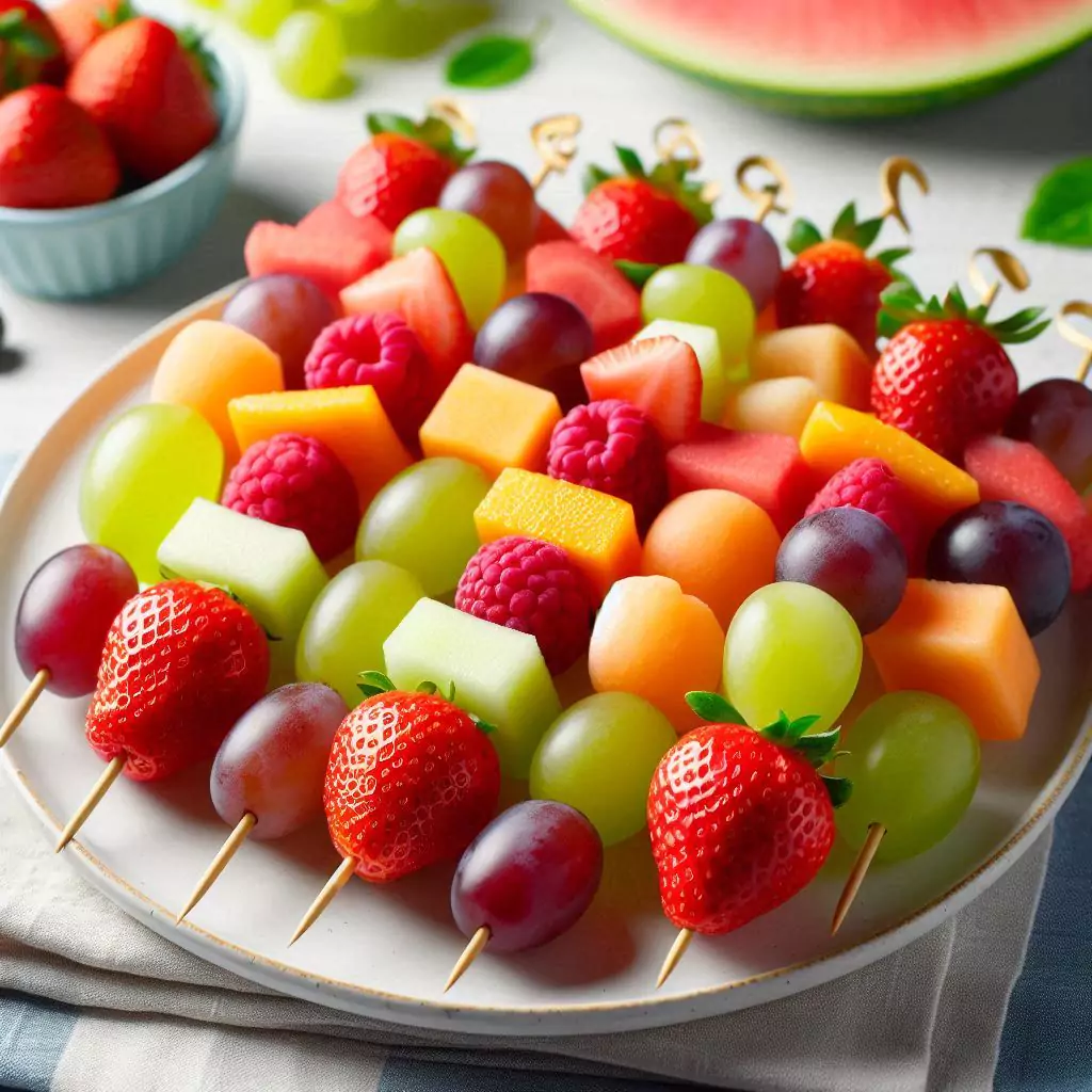 Colorful skewers of assorted fruits like strawberries, grapes, and melons on a white plate.