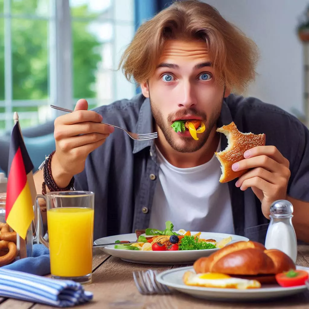 a german person at the dining table talking with food on the mouth