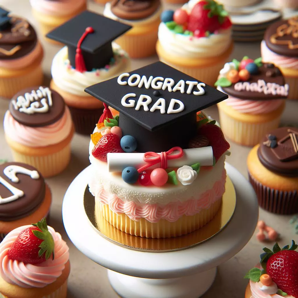 A close-up shot of desserts decorated with graduation caps, diplomas, and "Congrats Grad" messages.