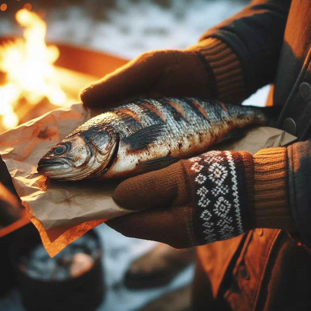a close-up of a hand wearing gloves carrying grilled fish, outdoors chilly evening .