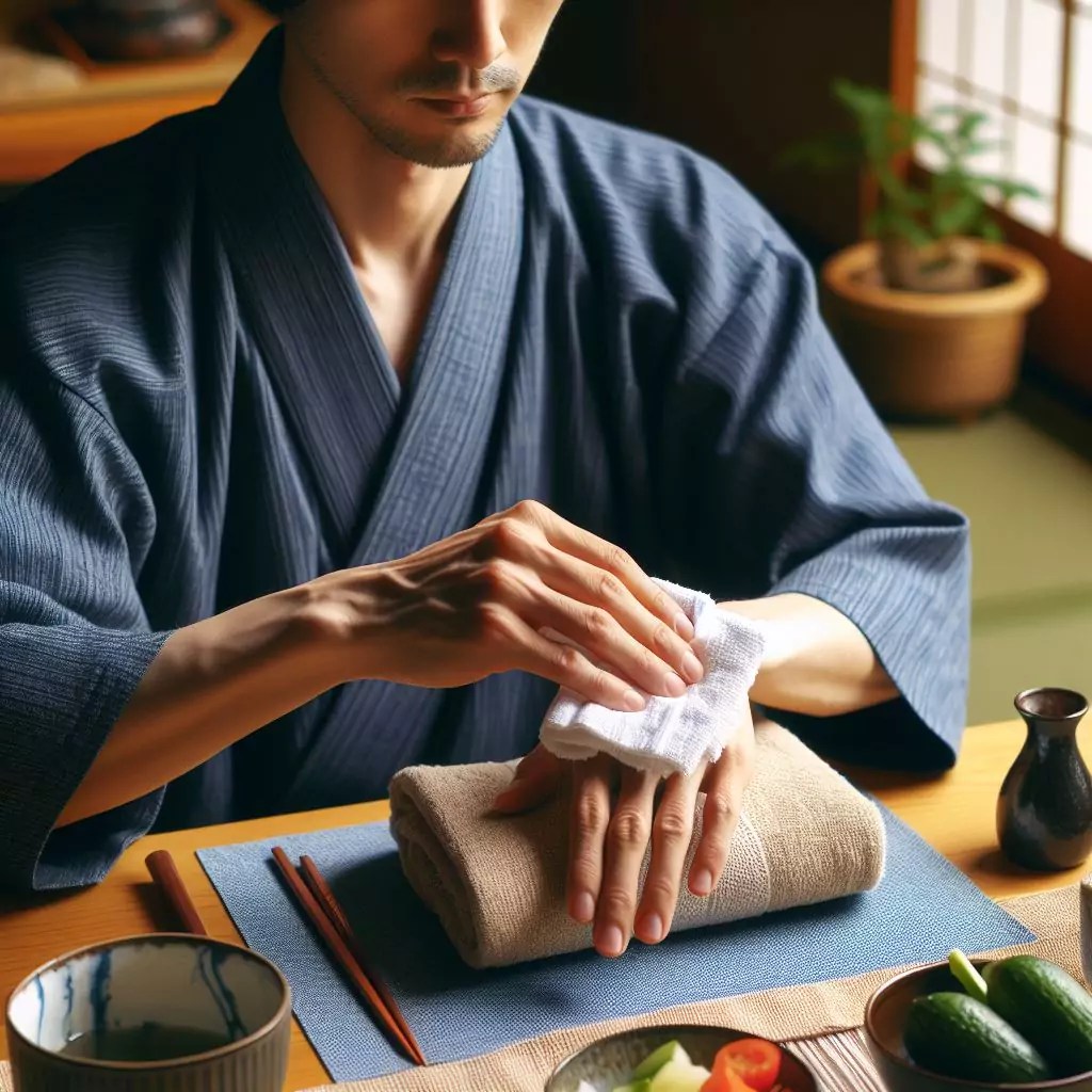 A person using a hot towel (Oshibori) to clean their hands before a meal, following Japanese dining etiquette for cleanliness and preparation.