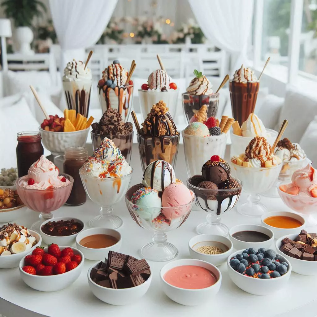 An ice cream sundae bar with various toppings and sauces in bowls in a white table with white tabletop cover.