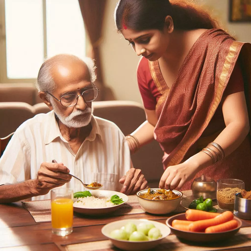 an indian person setting food at the table for an elder