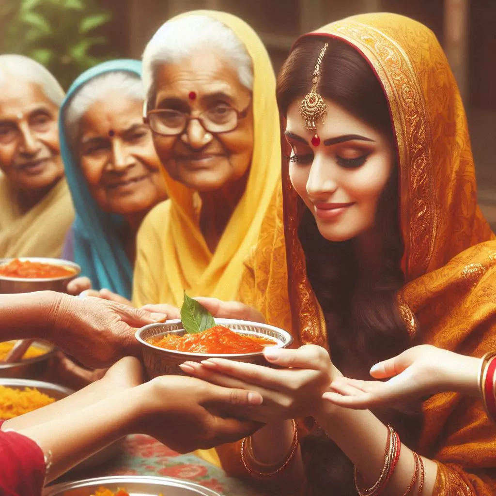 an indian woman accepting food with both hands