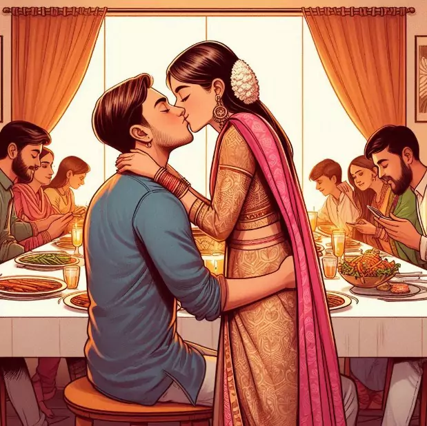 illustration of an indian couple kissing in front of others at the dining area