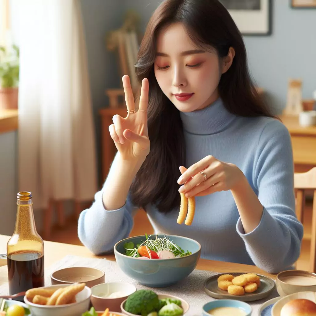 a korean person using fingers to handle food on dining table