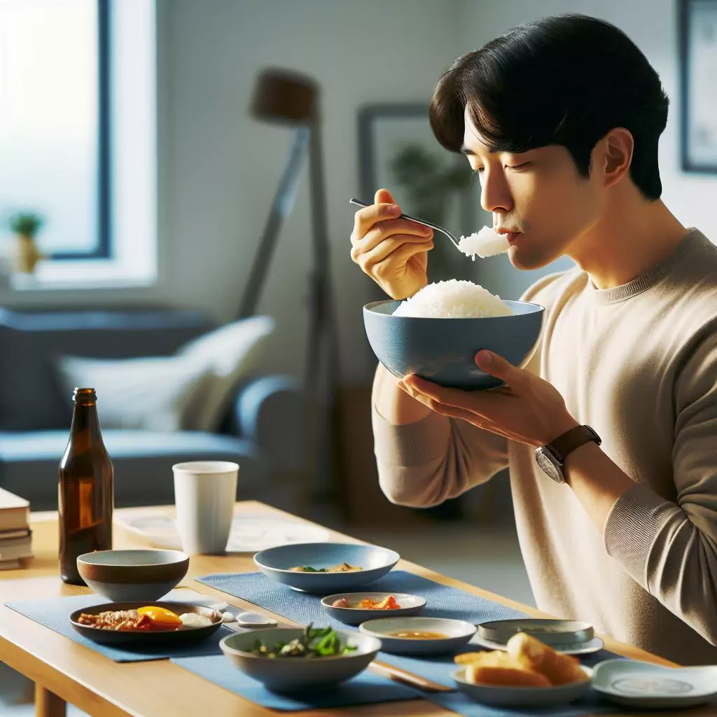 a korean person lifting a bowl of rice to eat seated on dining table