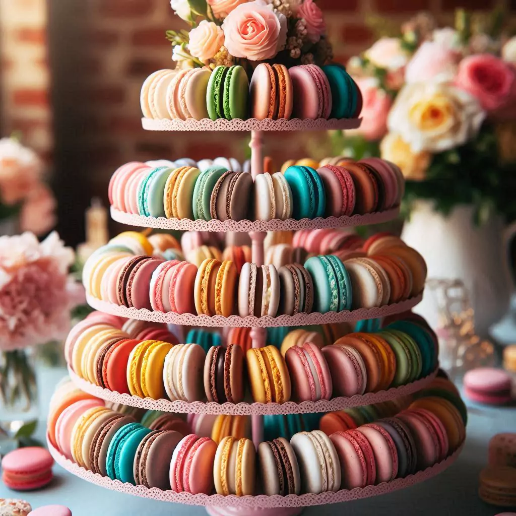 A tiered stand filled with colorful macarons in various flavors.