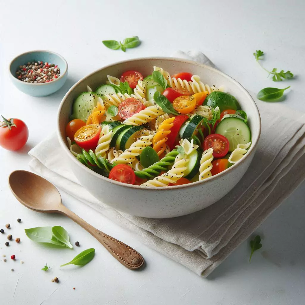 A bowl of colorful pasta salad with fresh vegetables and herbs on a plain and clean white table with no decoration