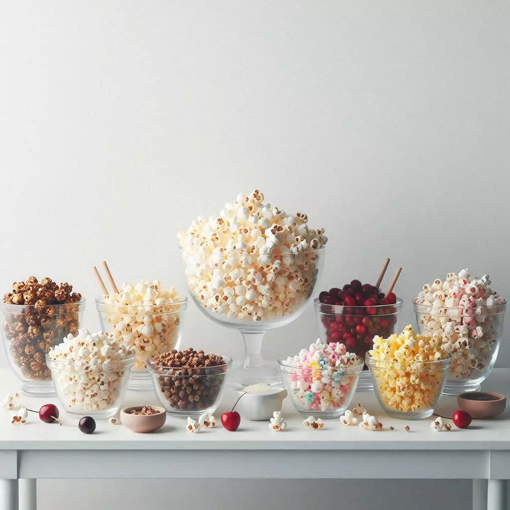 A popcorn bar with different flavors and toppings in glass bowls placed on a minimalist plain white table