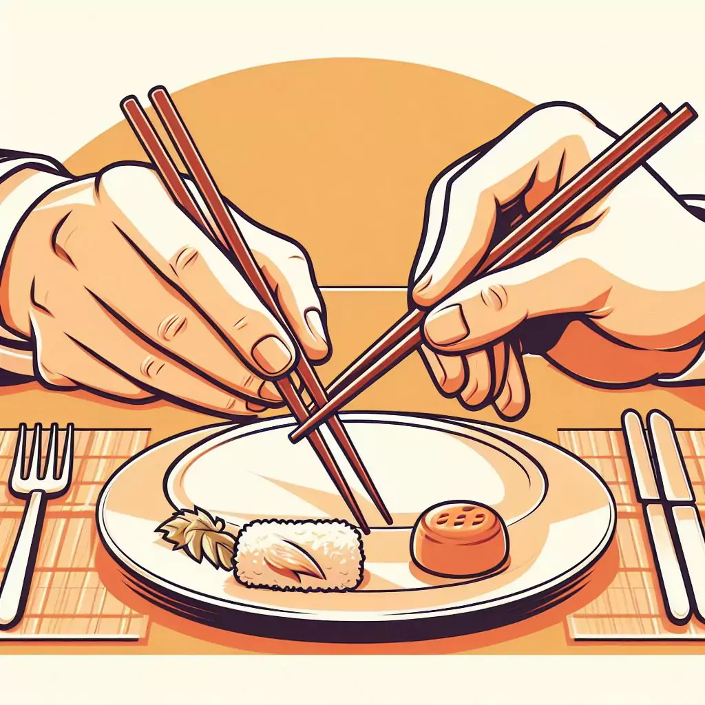 Illustration of someone holding chopsticks towards the ends with respect, following Chinese dining etiquette guidelines of avoiding gestures or playing with food.