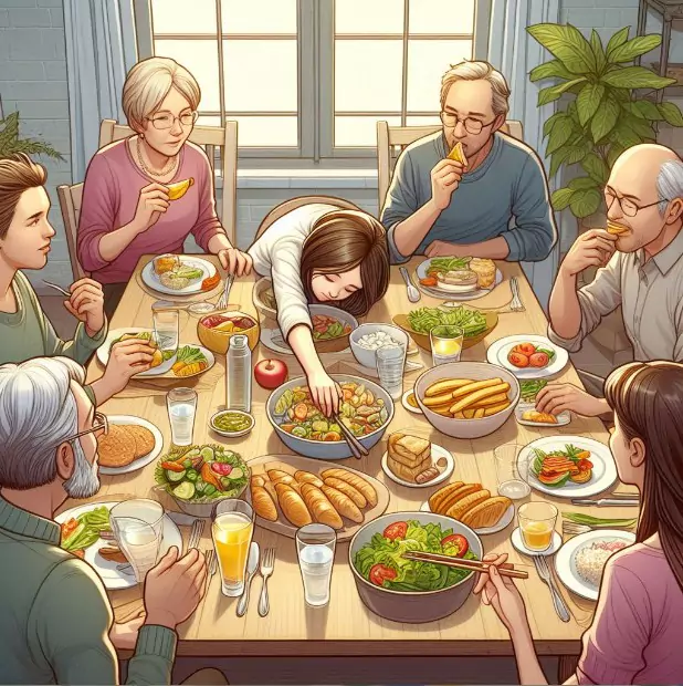 illustration of someone reaching for food across the dining table while other people are eating their food elegantly