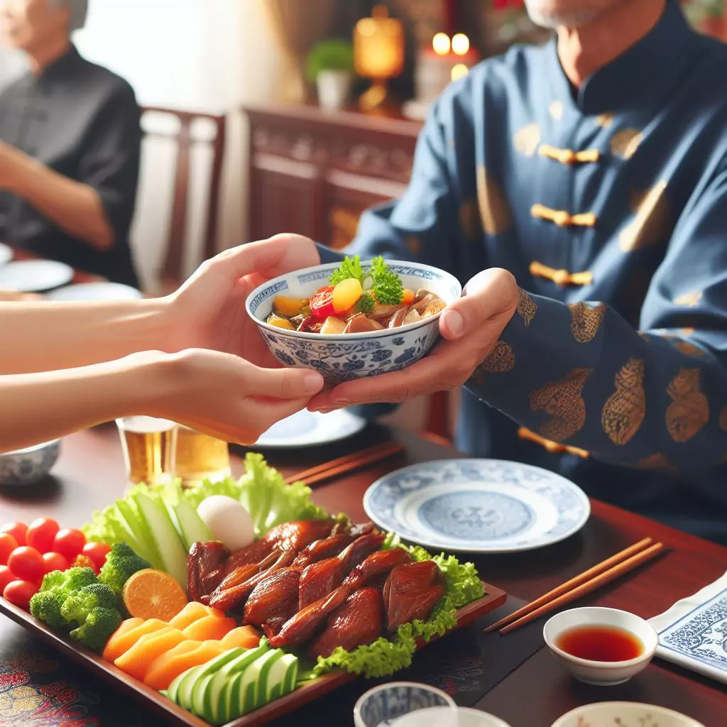 A person accepting food with both hands in Chinese dining etiquette, showing appreciation and respect for the gesture of sharing.