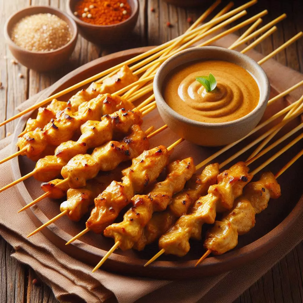 Skewers of chicken satay with a bowl of peanut sauce for dipping placed on a brown wood table