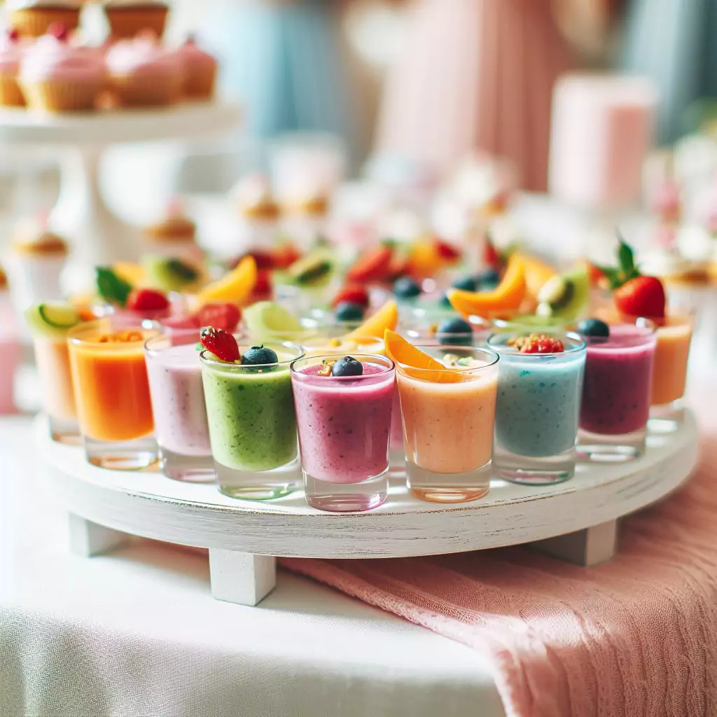 a close-up of Small glasses or shot glasses filled with colorful smoothie blends in a white table with white tabletop cover on a party.