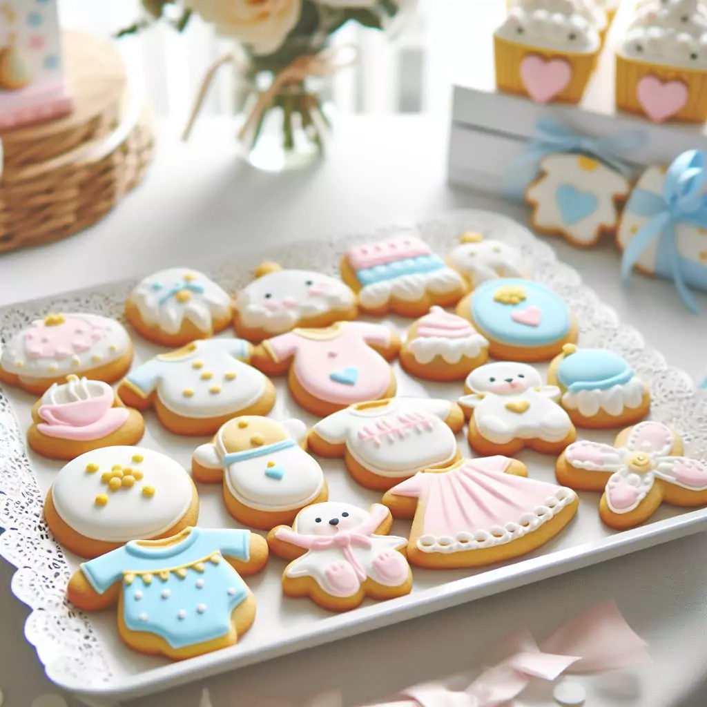 decorated sugar cookies in baby shower-themed shapes on a tray in a white table with white tabletop cover on a party.