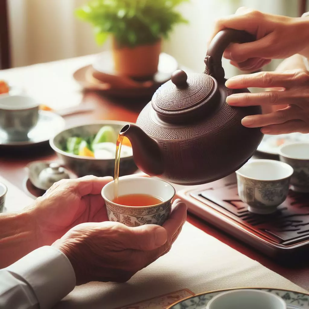 someone using both hands to pour tea from a teapot, a gesture of politeness in Chinese dining etiquette, especially when serving elders or guests of honor.