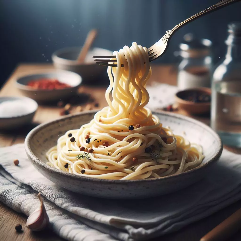 twirled noodles with a fork on a dining table