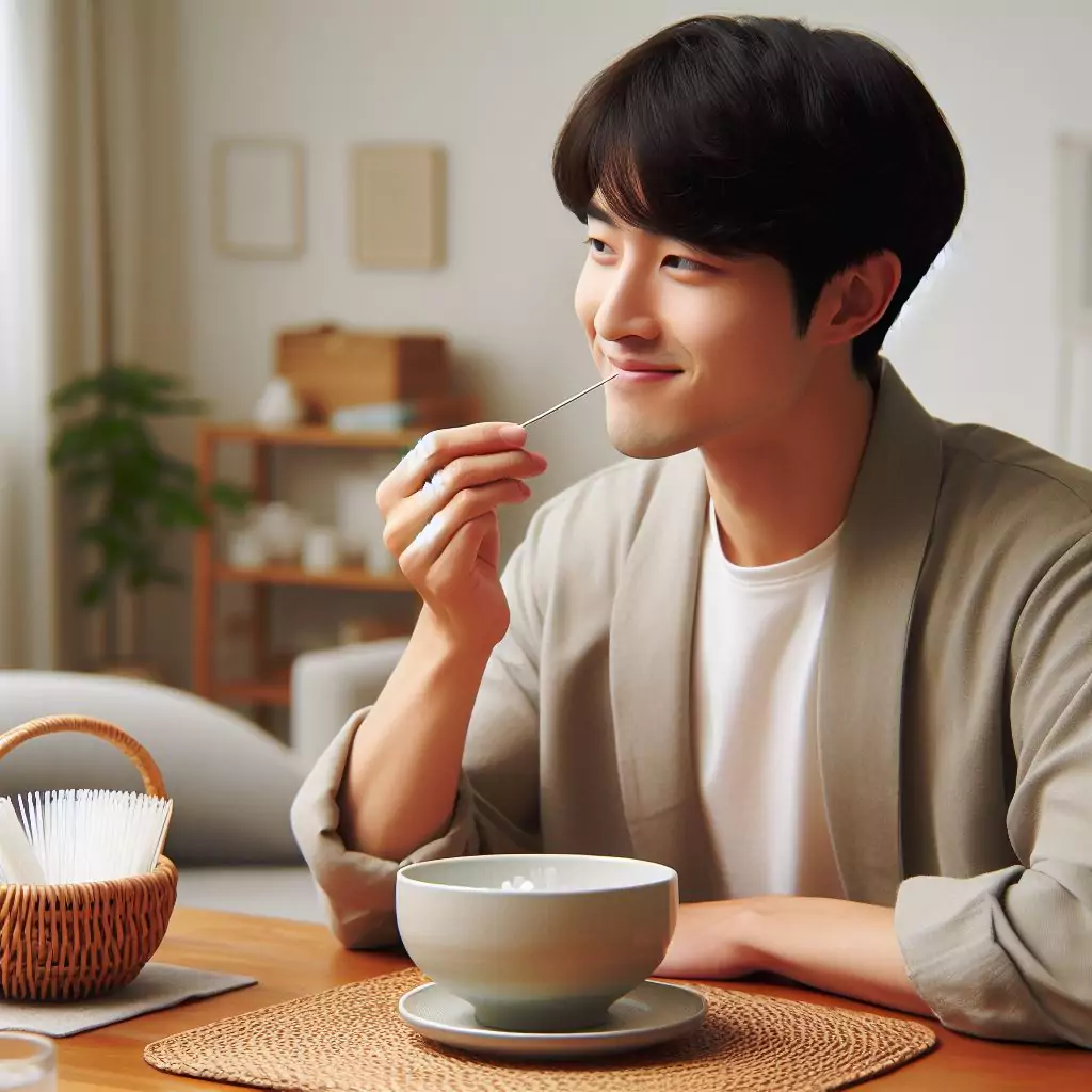 a korean person using floss pick at the dining table