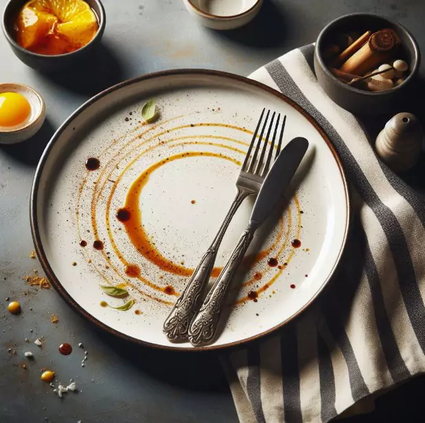 utensil placed diagonally at the dining table placed close to dirty plate signaling you have finished eating your food