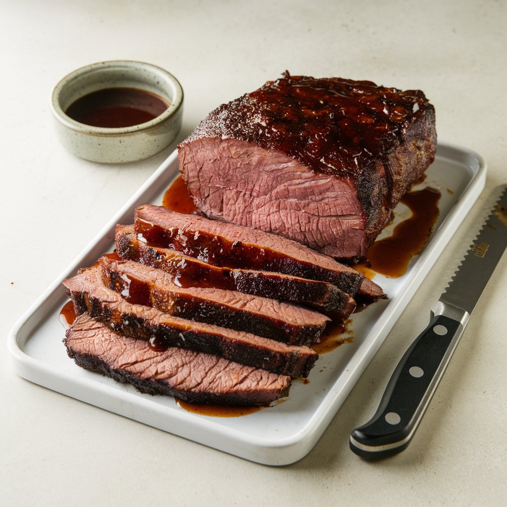 A photo of thick slices of tender BBQ brisket on a white rectangular serving board. The brisket has a dark mahogany crust and is juicy and pink at the center. A glossy BBQ sauce is drizzled over the slices, and there's a small ceramic bowl of extra sauce nearby. A serrated knife is beside the platter. The brisket presentation is placed on a bright plain white kitchen countertop.