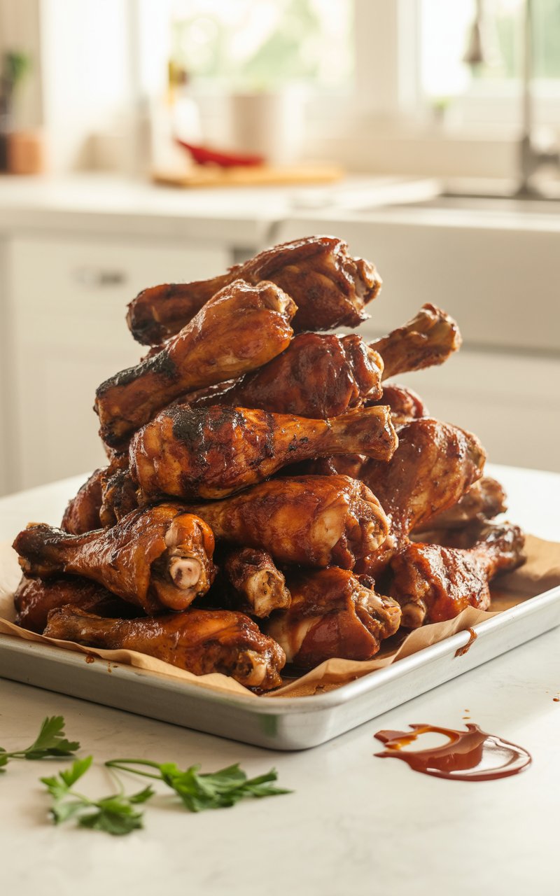 A photograph of a towering pile of BBQ chicken drumsticks presented on a gleaming white serving tray. The drumsticks are coated in a rich, dark brown sauce with glistening caramelized skin and a few appealingly charred edges, showcasing their smoky flavor. Scattered around the base of the pile are fresh sprigs of parsley and a few drops of the sticky sauce, all resting on a clean, bright white kitchen countertop bathed in warm natural light. The background is softly blurred, emphasizing the juicy, bold, and "finger-licking good" quality of the drumsticks.
