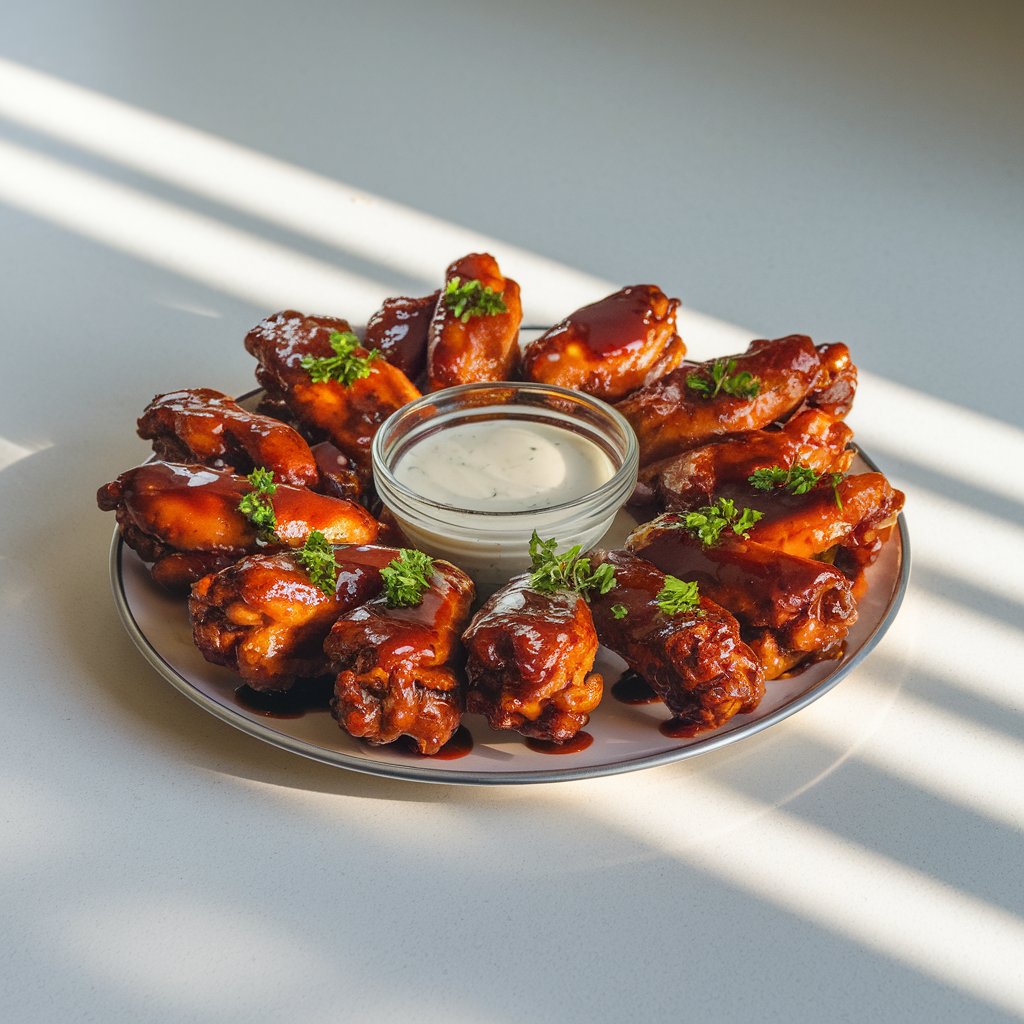 A photo of a plate of sticky, glazed BBQ chicken wings in a circular arrangement. The wings are placed on a bright plain white kitchen countertop and are illuminated by a stream of soft natural light. The wings are coated in a thick, amber-hued BBQ sauce that glistens with a slight caramelization. Each piece is garnished with finely chopped parsley for a fresh contrast. A small glass bowl of creamy ranch dressing sits at the center of the wings. The wings' texture—crispy at the edges, tender within—is visible, and the scent of smoke and sweetness seems to linger in the air, epitomizing the essence of a laid-back Summer BBQ feast.