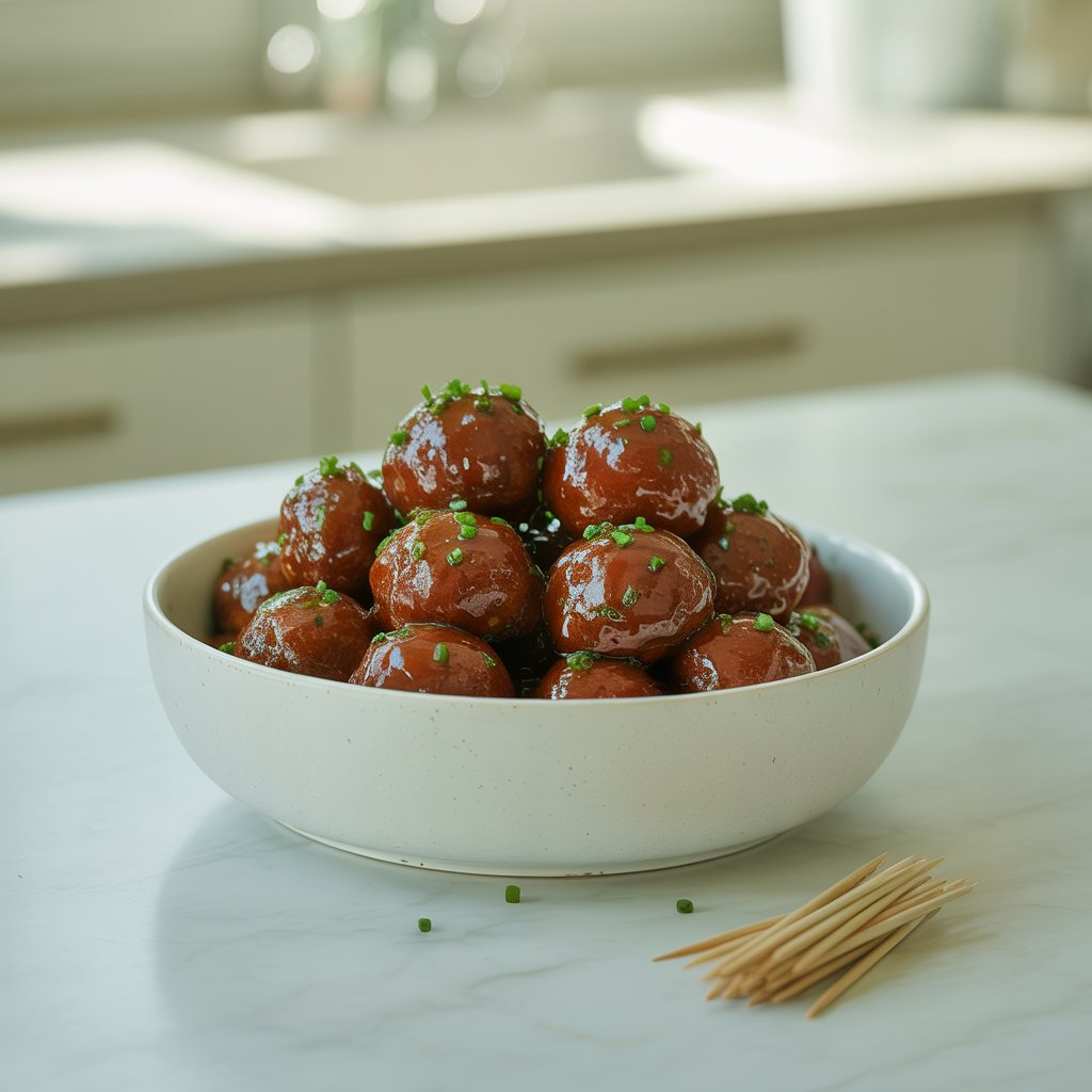 A photograph of a pristine white ceramic bowl brimming with glistening BBQ meatballs. Each meatball is perfectly round and coated in a rich, dark red-brown sauce that reflects the soft overhead light, with a generous sprinkling of finely chopped chives adding a vibrant green contrast. The bowl rests on a clean, minimalist white kitchen countertop, with a small stack of wooden toothpicks neatly arranged beside it, ready for serving. Gentle, diffused daylight floods the scene, highlighting the savory details and creating an inviting, appetizing atmosphere.
