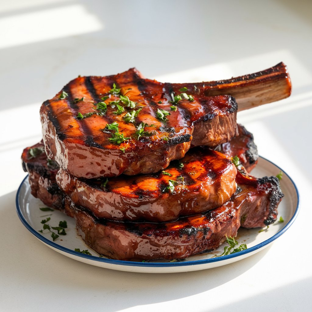 A photo of thick, juicy BBQ pork chops seared to perfection with a deep, smoky glaze. The pork chops are stacked atop a simple white platter. The dark caramelized crust glistens under the natural light, hinting at the sweet and smoky flavors infused within. Juicy grill marks cross each chop, and a sprinkle of fresh chopped parsley adds a pop of green contrast. The pork chops are placed proudly on a bright plain white kitchen countertop, where the rich colors and textures are magnified in the soft daylight.